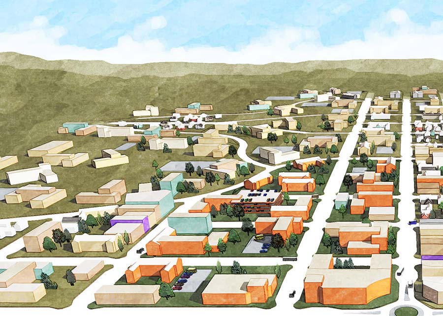 A painting of the campus fully immersed into the surrounding community
